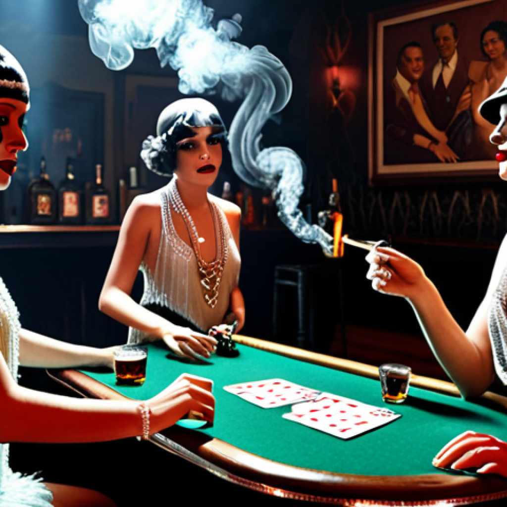 **Prompt:** A dimly lit "speakeasy" scene. Flapper girls in beaded dresses dancing to jazz music. A bartender mixing a cocktail with illicit liquor. Cigarette smoke hangs in the air. In the background, shadowy figures are gambling at a card table.
