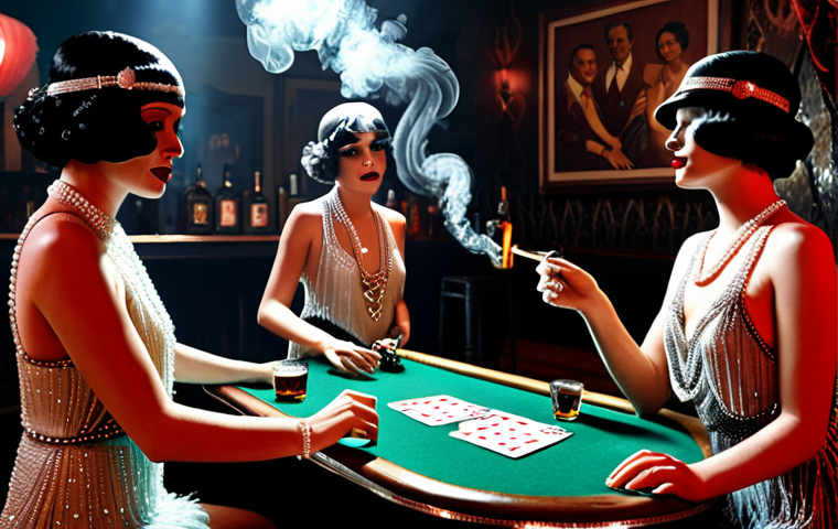 **Prompt:** A dimly lit "speakeasy" scene. Flapper girls in beaded dresses dancing to jazz music. A bartender mixing a cocktail with illicit liquor. Cigarette smoke hangs in the air. In the background, shadowy figures are gambling at a card table.