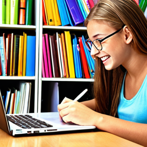 **Image Prompt:** A student happily writing an application essay for a US high school. The scene should be bright and inspiring, with books and a laptop nearby. Focus on the excitement and anticipation of applying.