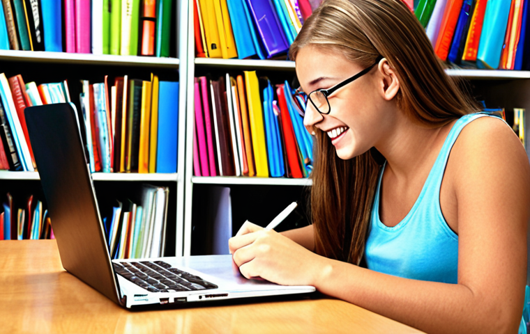 **Image Prompt:** A student happily writing an application essay for a US high school. The scene should be bright and inspiring, with books and a laptop nearby. Focus on the excitement and anticipation of applying.