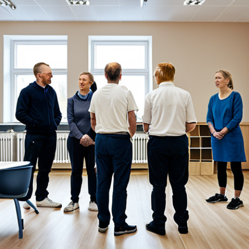 Home 19 Focus on Rehabilitation**
"A modern rehabilitation center in Sweden, showing a diverse group of people participating in job training and counseling sessions, fully clothed, appropriate attire, safe for work, perfect anatomy, natural proportions, professional photography, family-friendly, emphasizing hope and positive change. The scene should include elements of Swedish design and reflect a supportive community."
**
