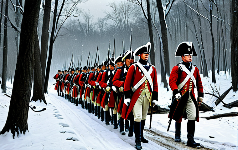 미국 건국의 아버지 - **Image Prompt:** "A determined George Washington leading Continental Army troops through a snowy fo...